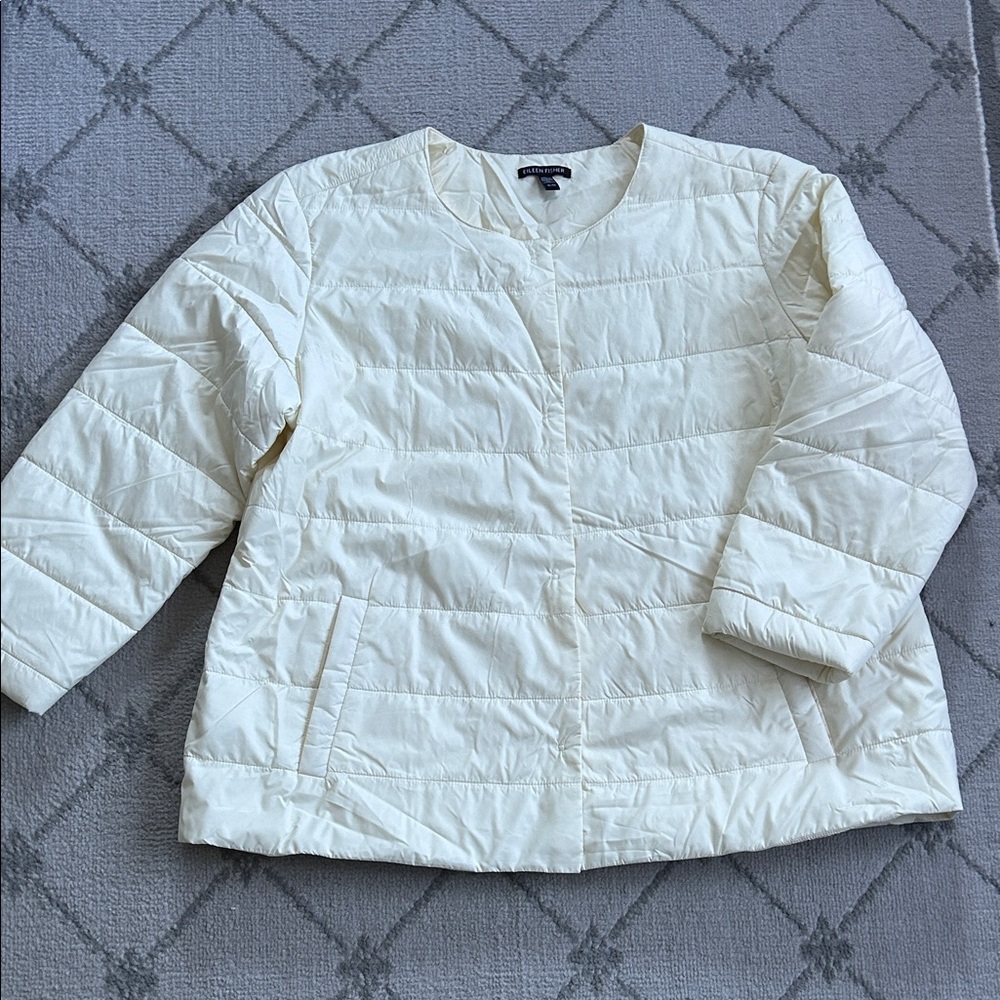 Eileen Fisher Eggshell  Round Neck Recycled Nylon Quilted Jacket